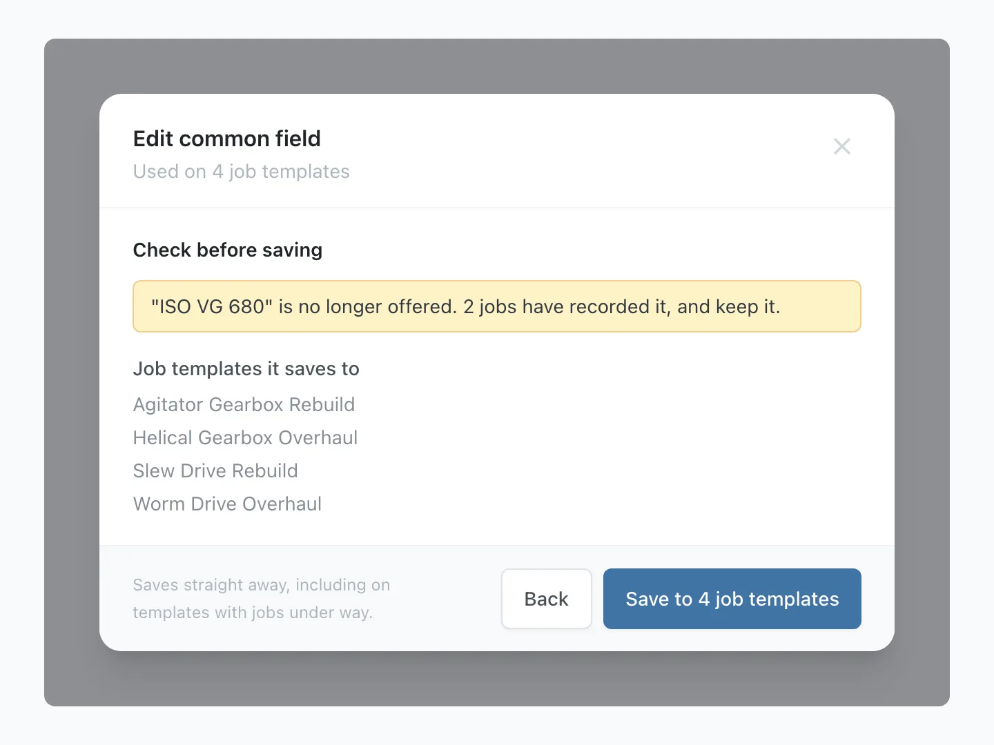 Check before saving, naming the option being removed and the four forms it saves to