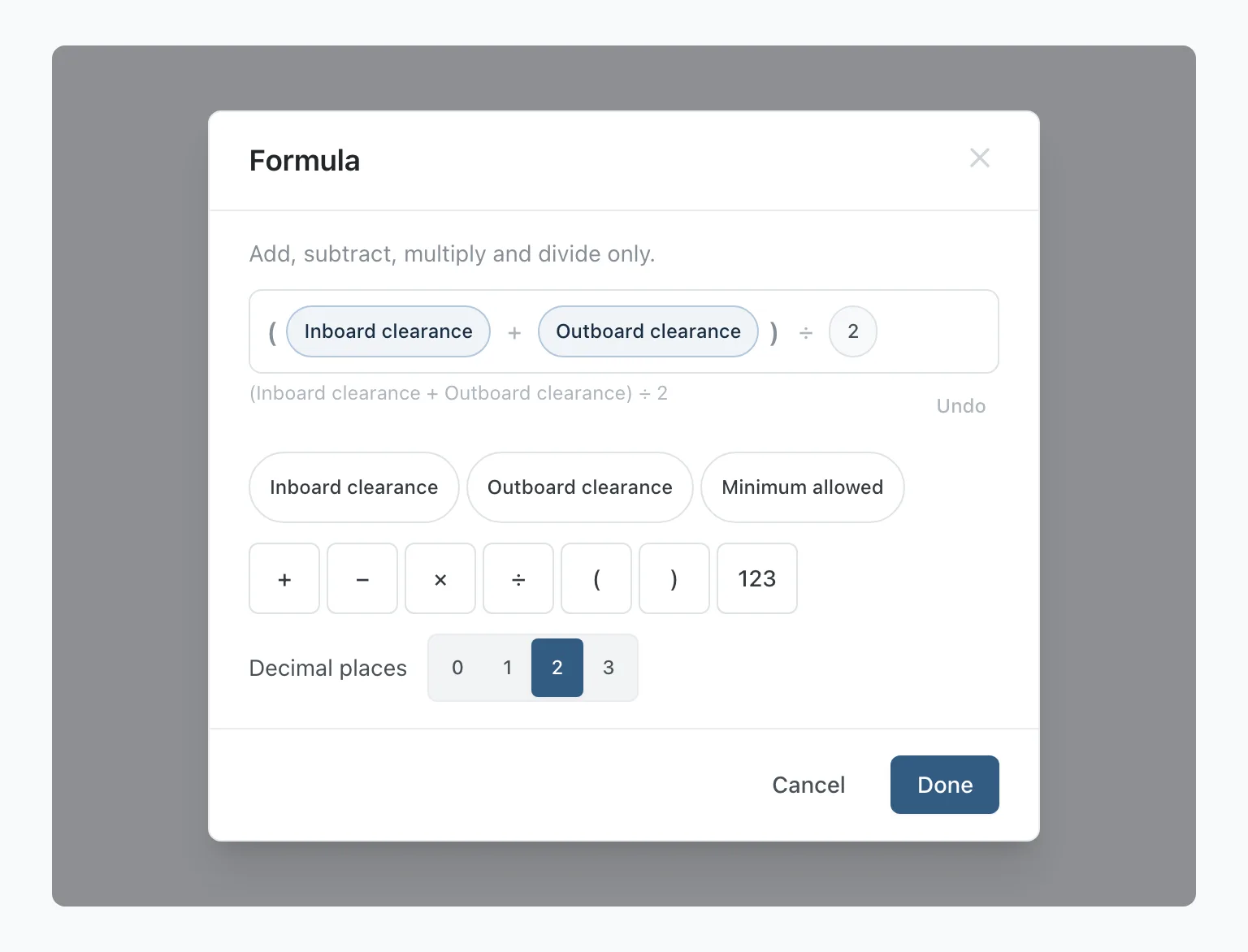 The Formula dialog, with the average of two readings built by tapping