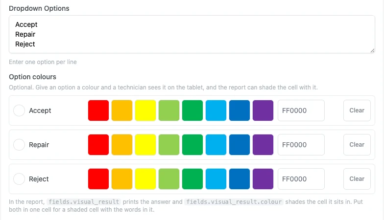 The option colours editor, one row per dropdown option