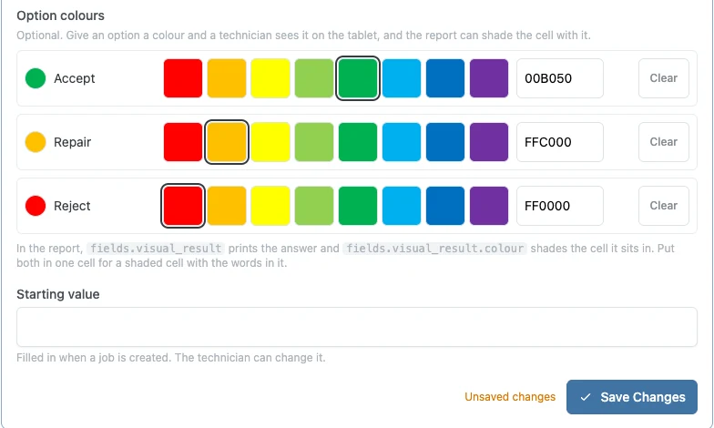 Accept in green, Repair in amber, Reject in red