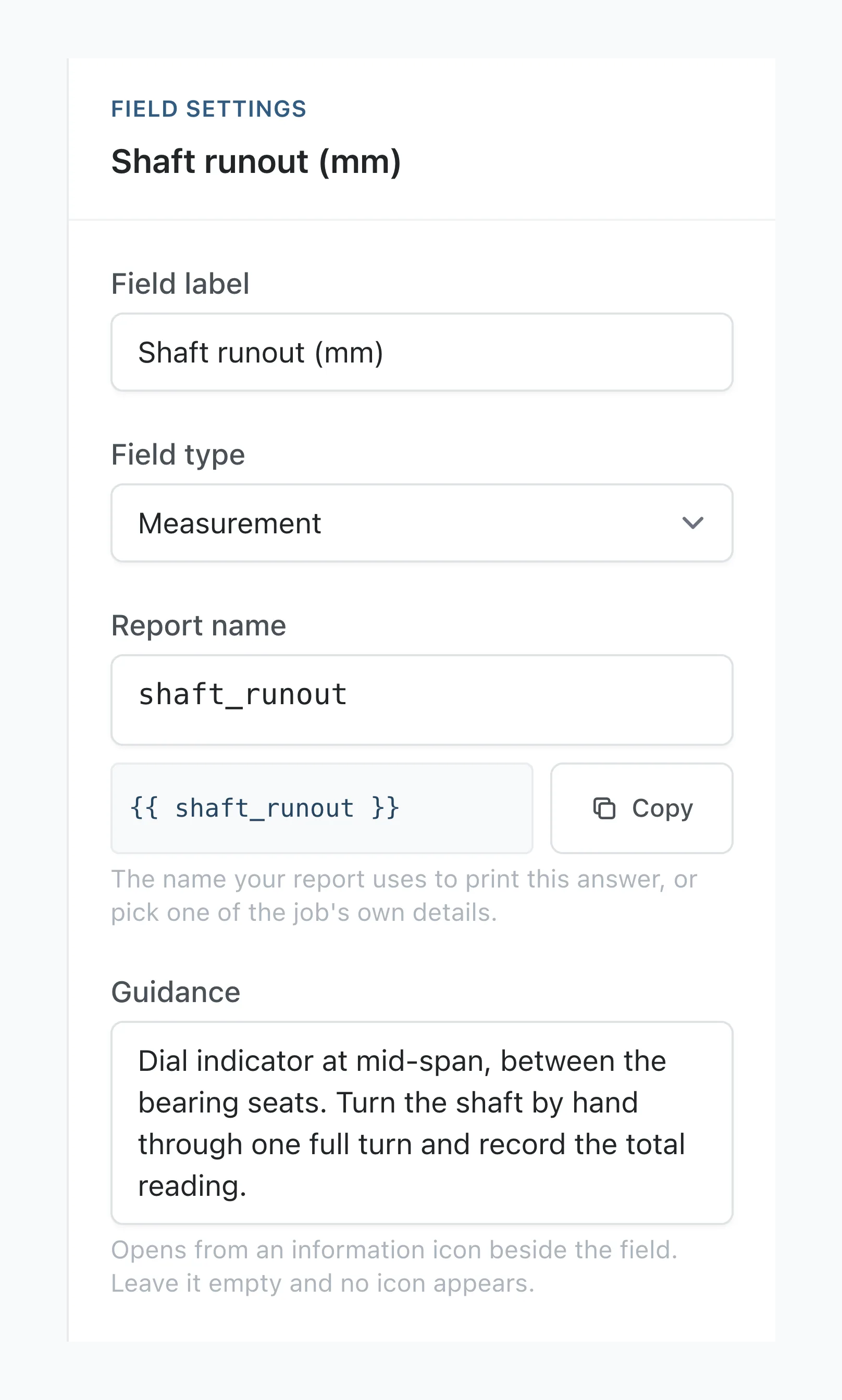 The Field settings panel for Shaft runout (mm), with the method for the reading typed into the Guidance box