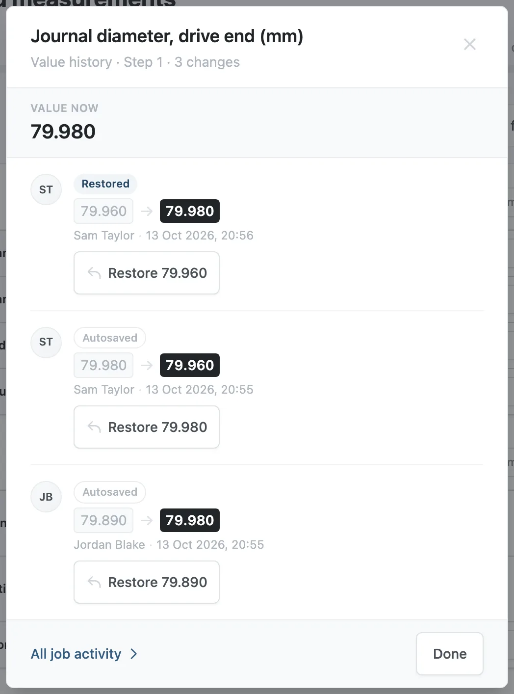 The Value history panel for one reading, with three changes