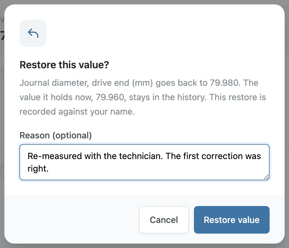 The Restore this value? dialog, with a reason typed in