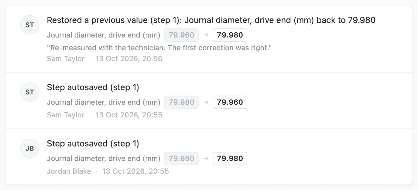 The Activity page: a restore with its reason, and the two changes before it