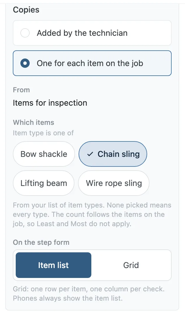 A checklist set to one copy for each chain sling on the job, shown as an item list