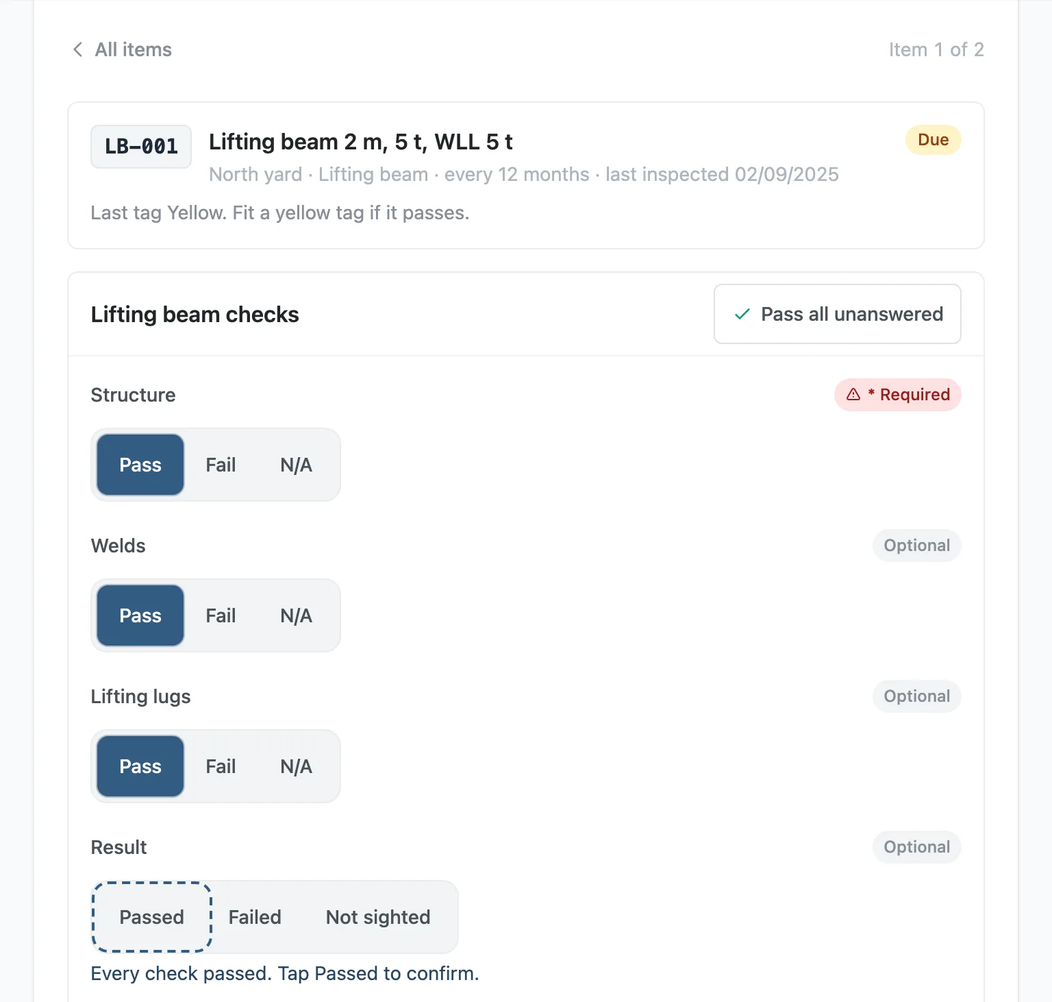 One lifting beam's checklist after Pass all unanswered, with Passed suggested