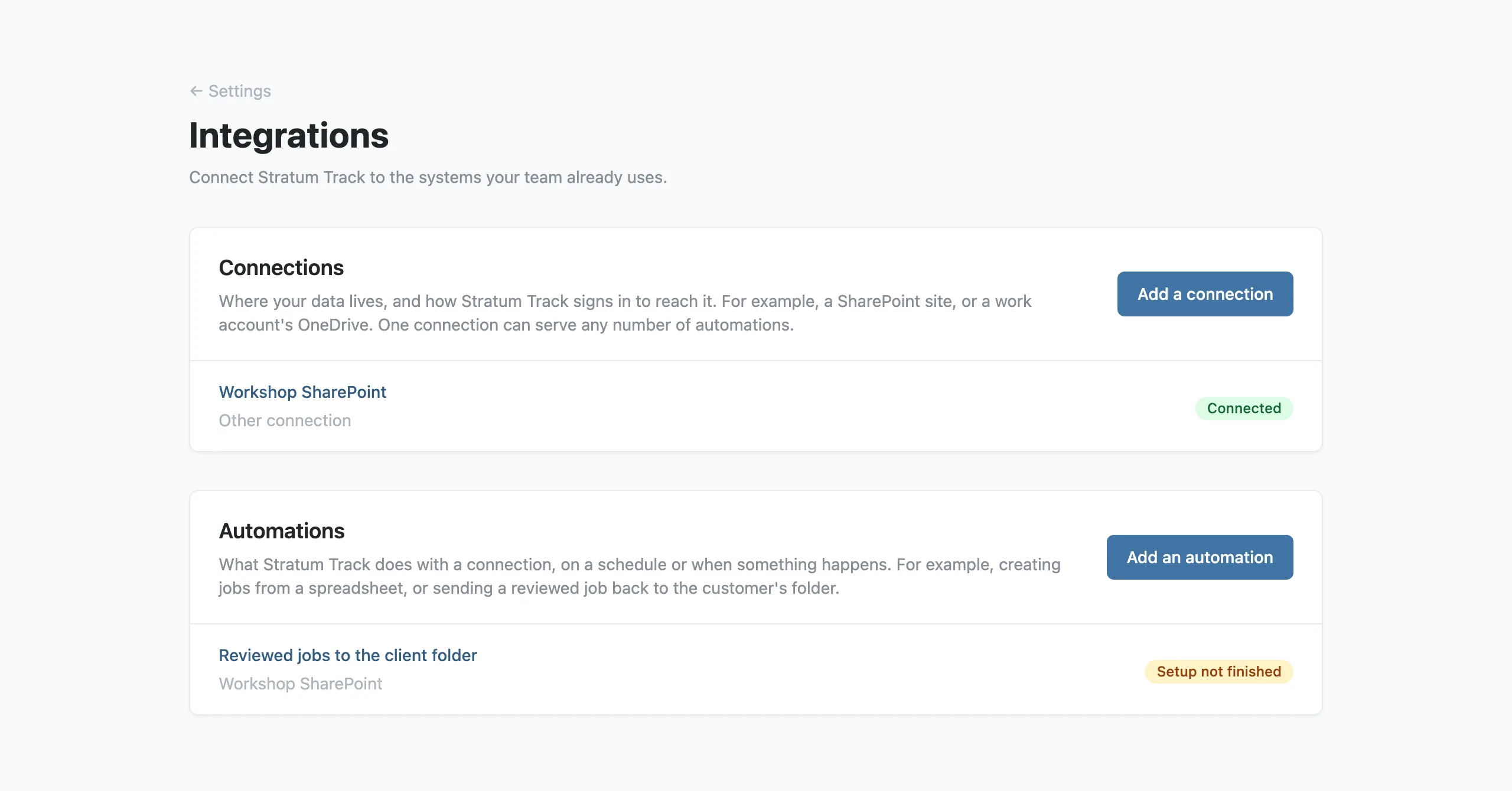 The Integrations page in Settings, with one connection and two automations