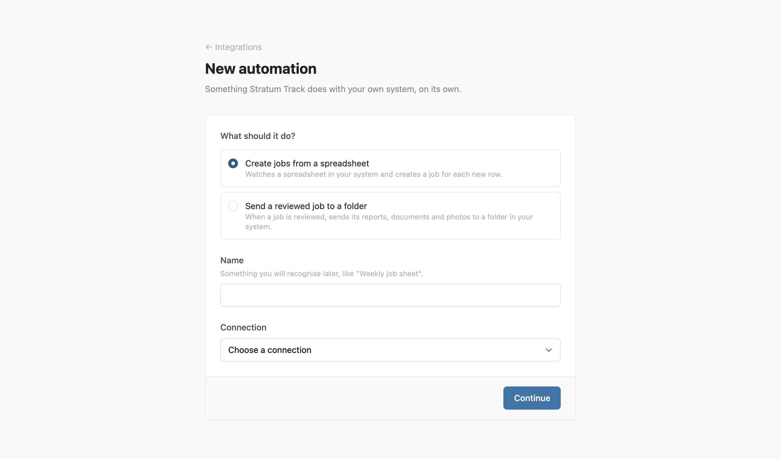 The New automation page, with the two automations Stratum Track offers