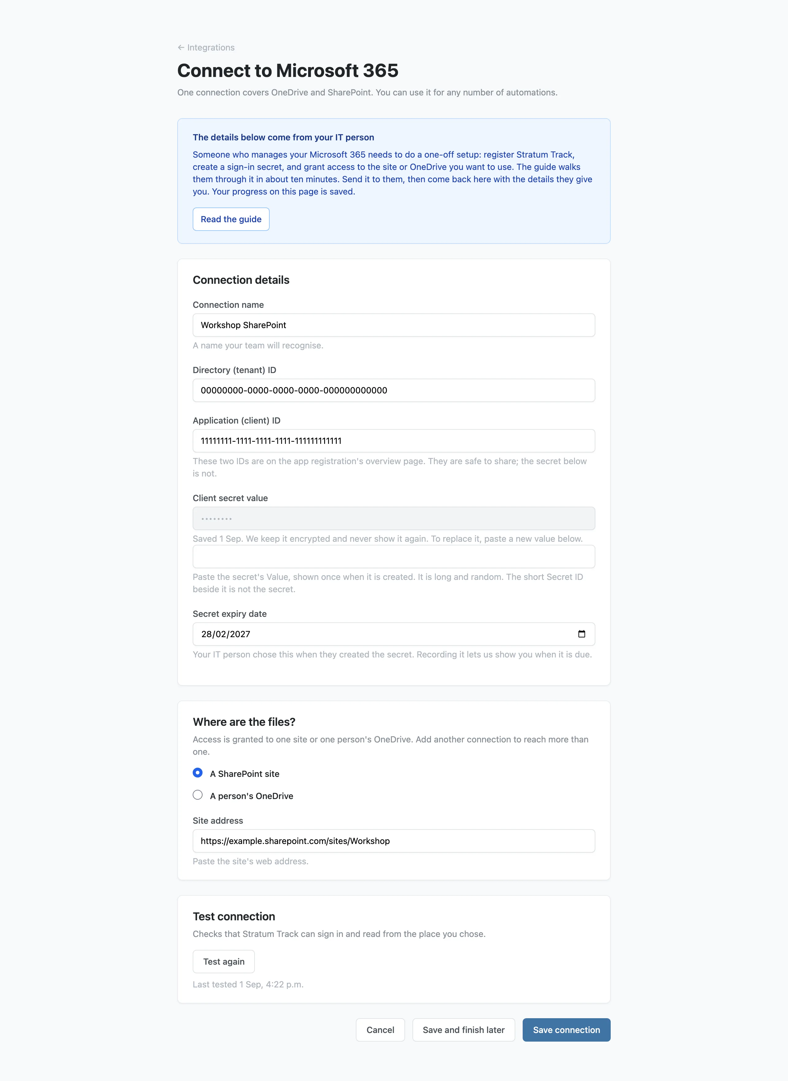 The Connect to Microsoft 365 page, with the details an IT person supplies