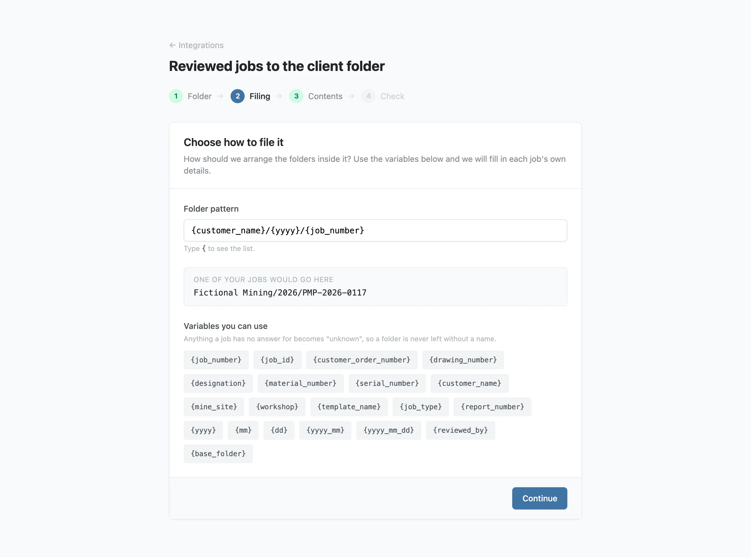 The folder pattern screen, with a live example of where one job would land