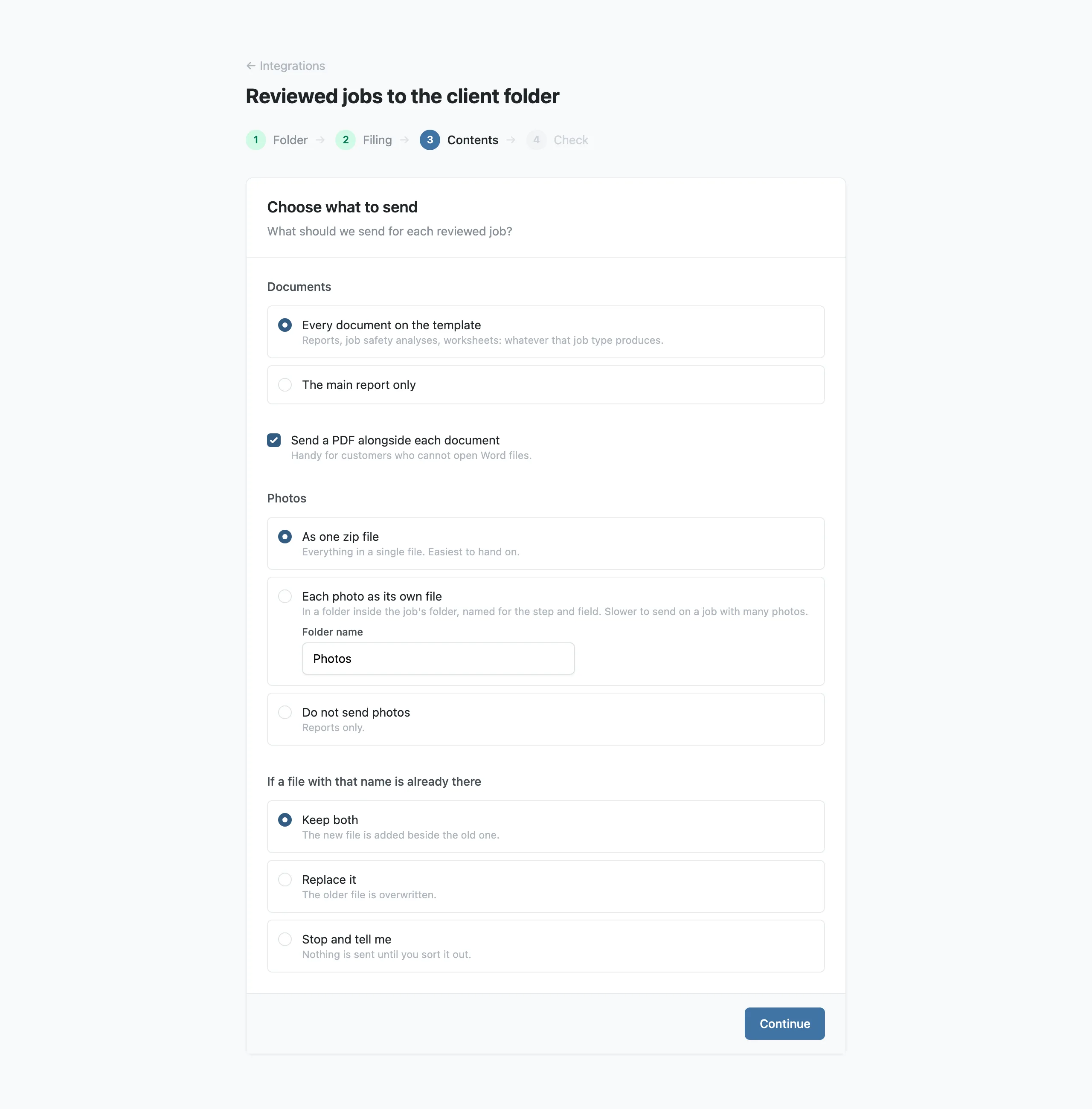 The Choose what to send screen, with the document, photo and conflict options