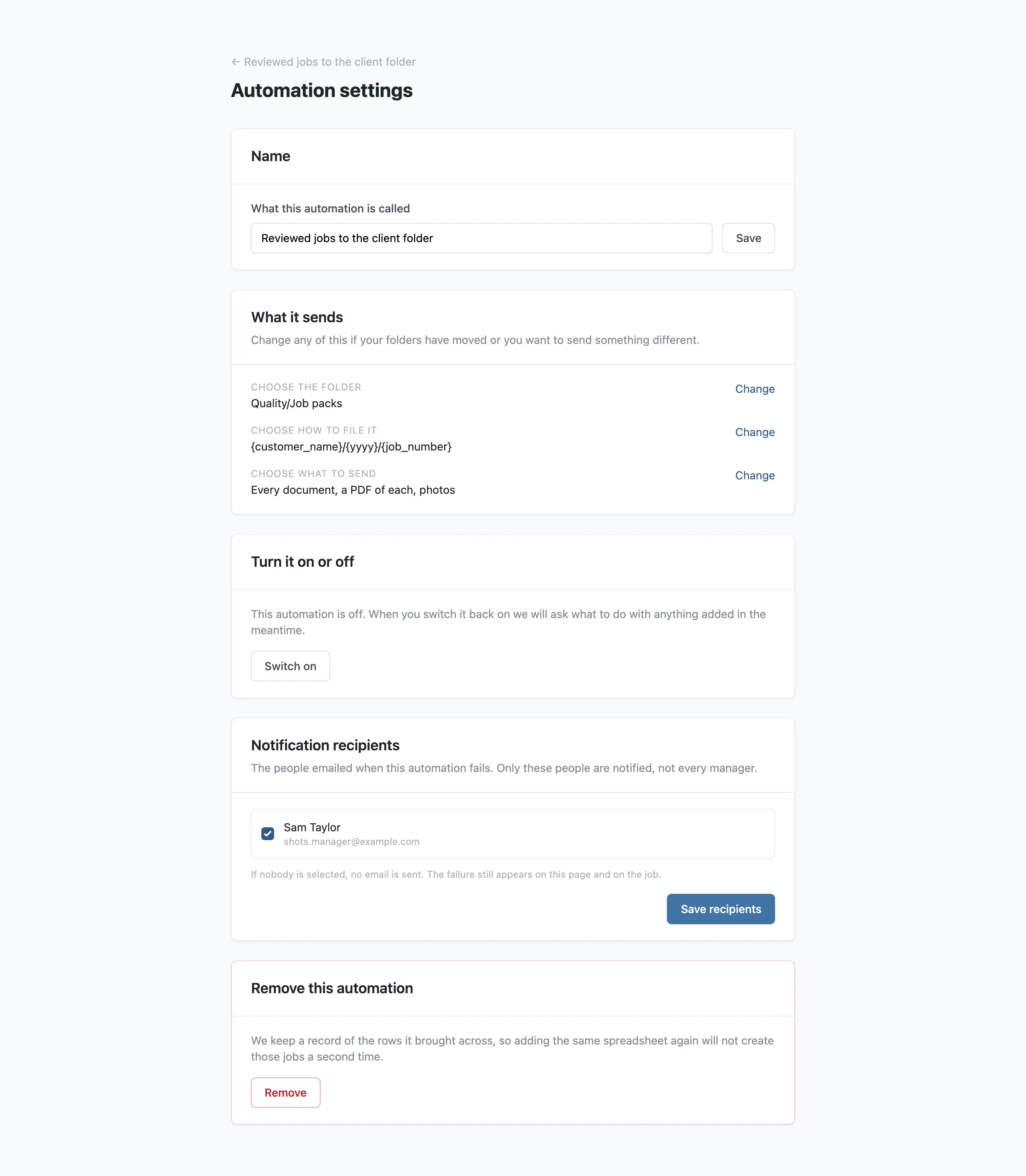 The automation settings page, with the summary, the on and off switch and the recipients