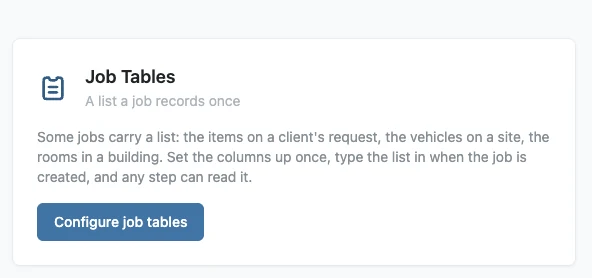 The Job Tables screen before any table exists