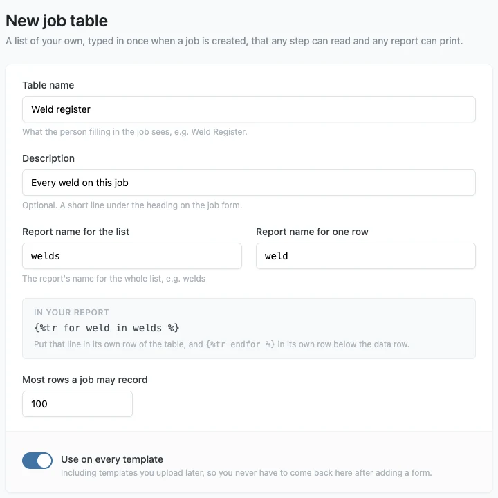 Naming a new job table