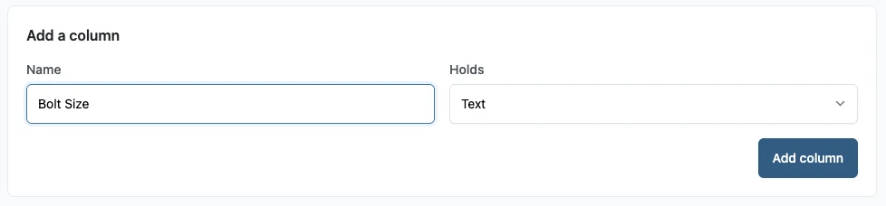 Adding a column called Bolt Size