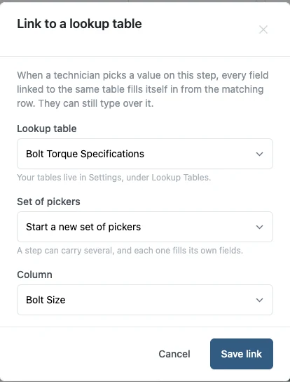 Linking the picker to the Bolt Size column