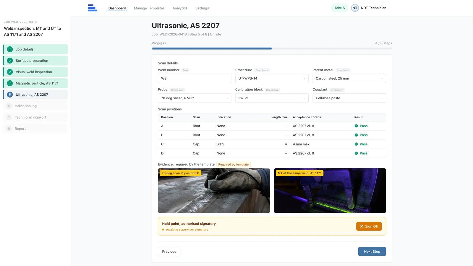 Ultrasonic step of a weld inspection job: weld number, procedure, probe and calibration block, a table of scan positions against AS 2207 acceptance criteria, the UT and MT photographs the template requires, and a hold point awaiting an authorised signatory.