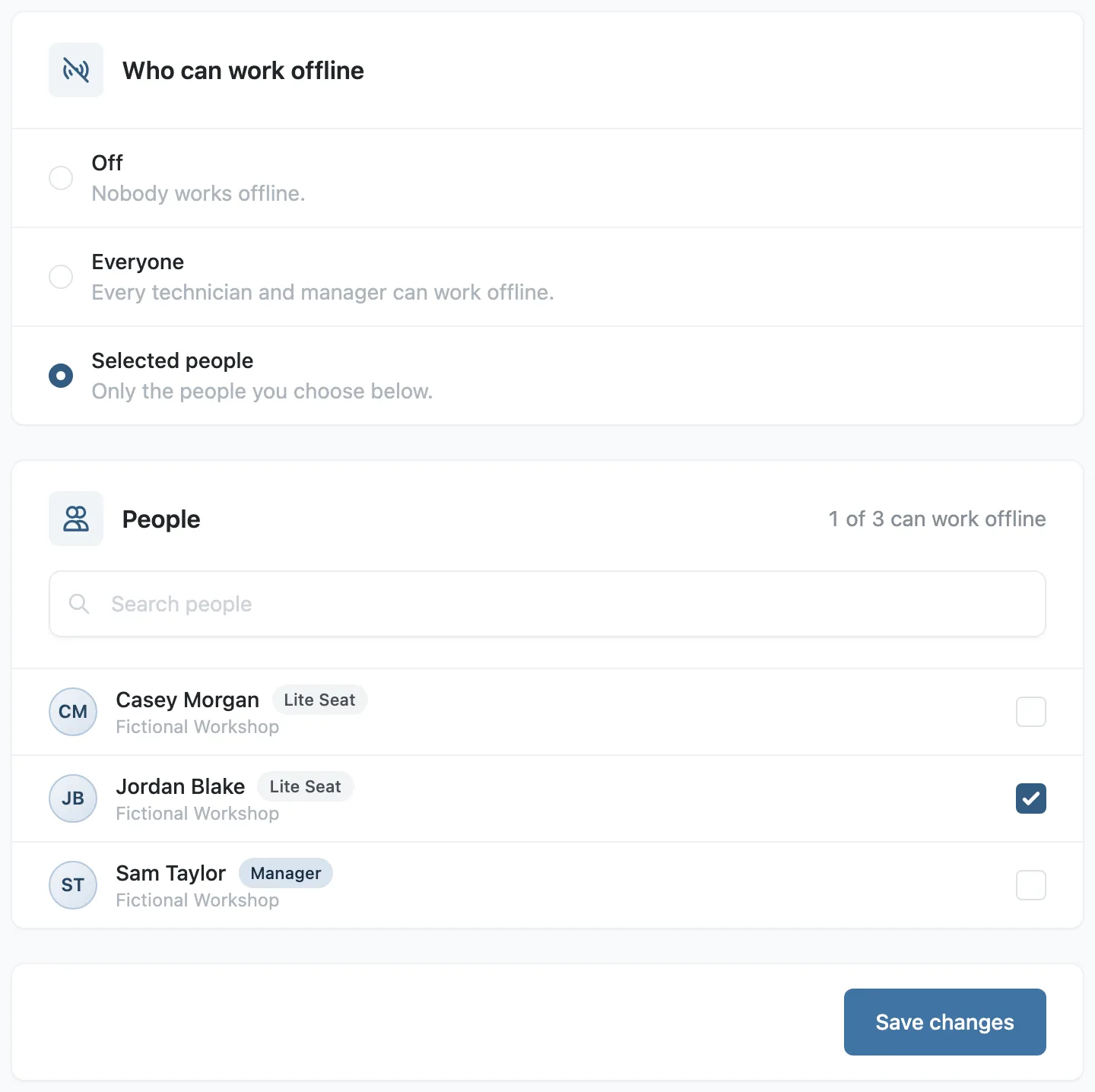 Who can work offline set to Selected people, with one technician ticked