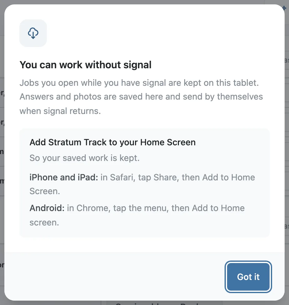 The first-visit message, with the Home Screen instructions for iPad and Android