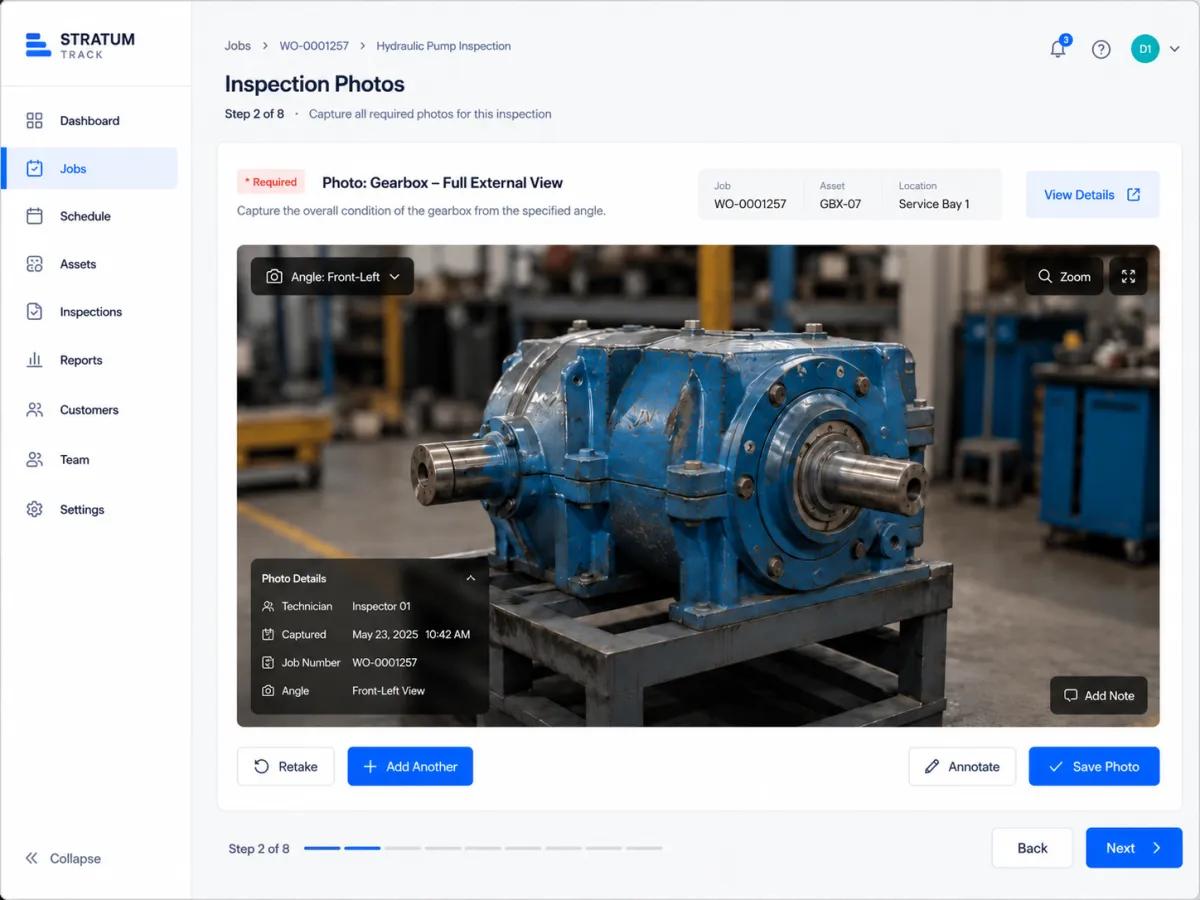 Required photo capture of a gearbox, full external view, with annotate and add-another actions