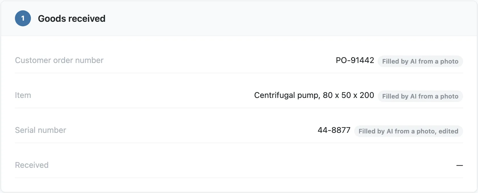 A job's record, showing which values a machine filled and which one a person then changed