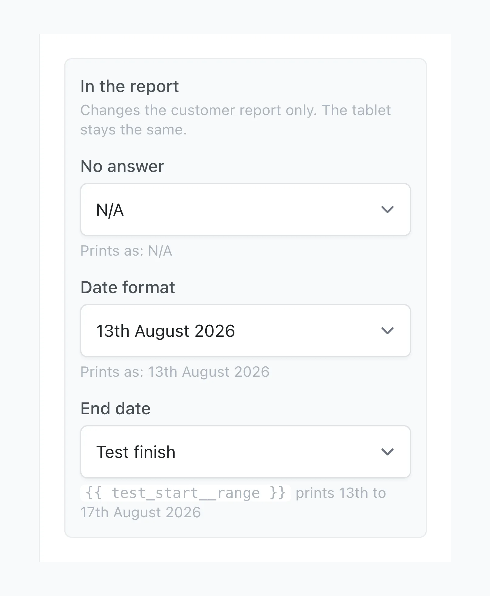 A start date set to print 13th August 2026, with Test finish chosen as its End date