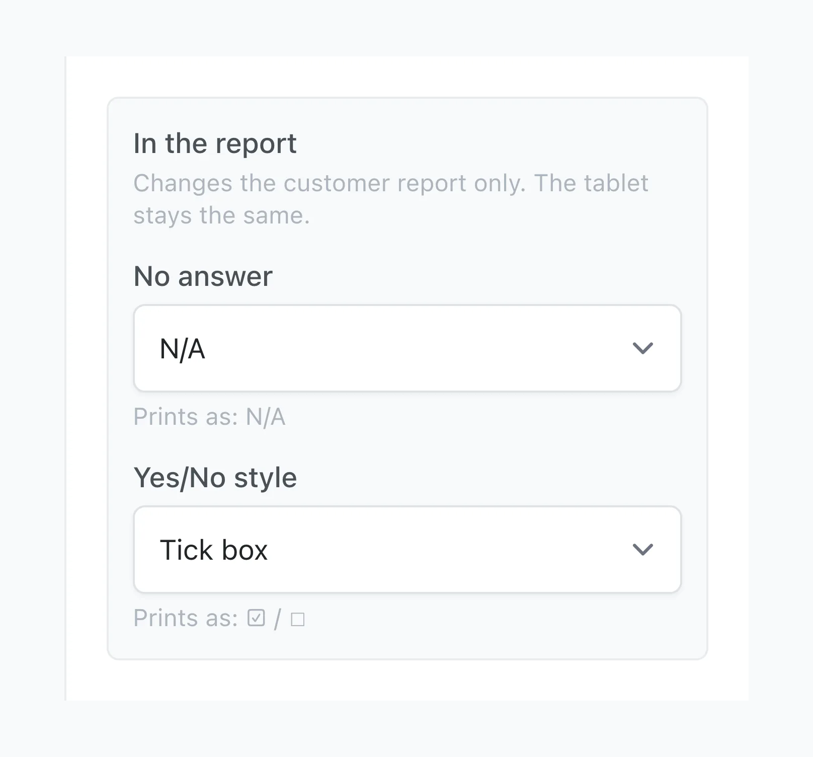 A Yes/No field set to Tick box, which prints a ticked box for Yes and an empty box for No
