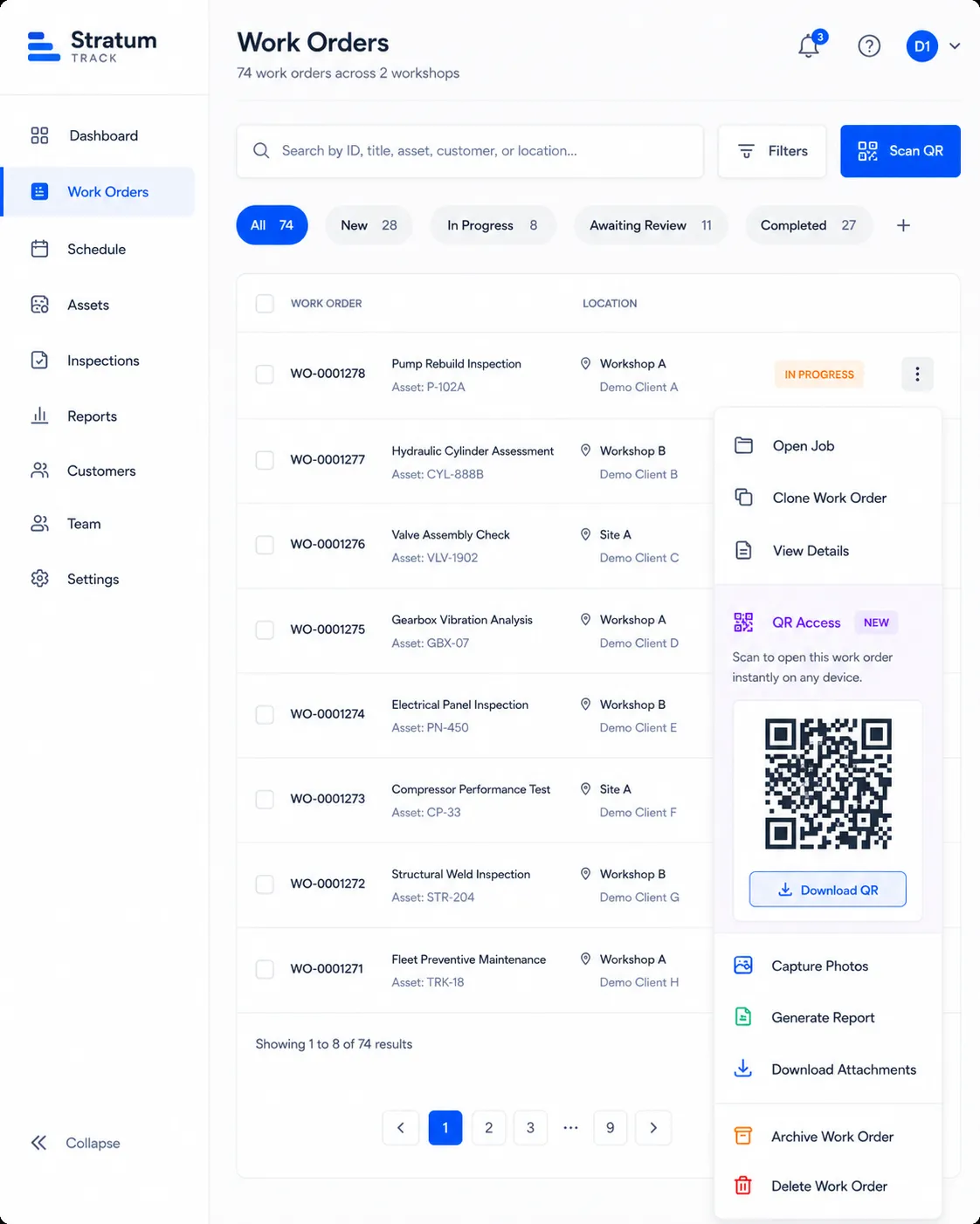 Work order actions menu showing QR access, with a job QR code and download option