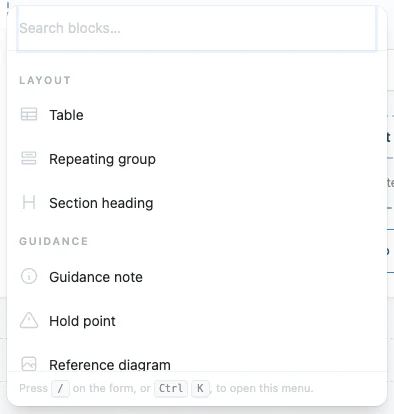 The block menu with Repeating group under Layout