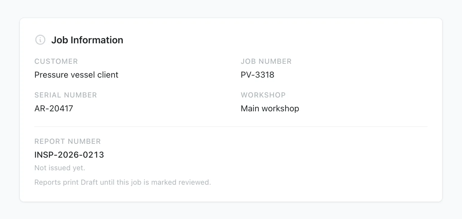 Report Number INSP-2026-0213 on Job Details with no revision issued yet, and the line saying reports print Draft until the job is marked reviewed