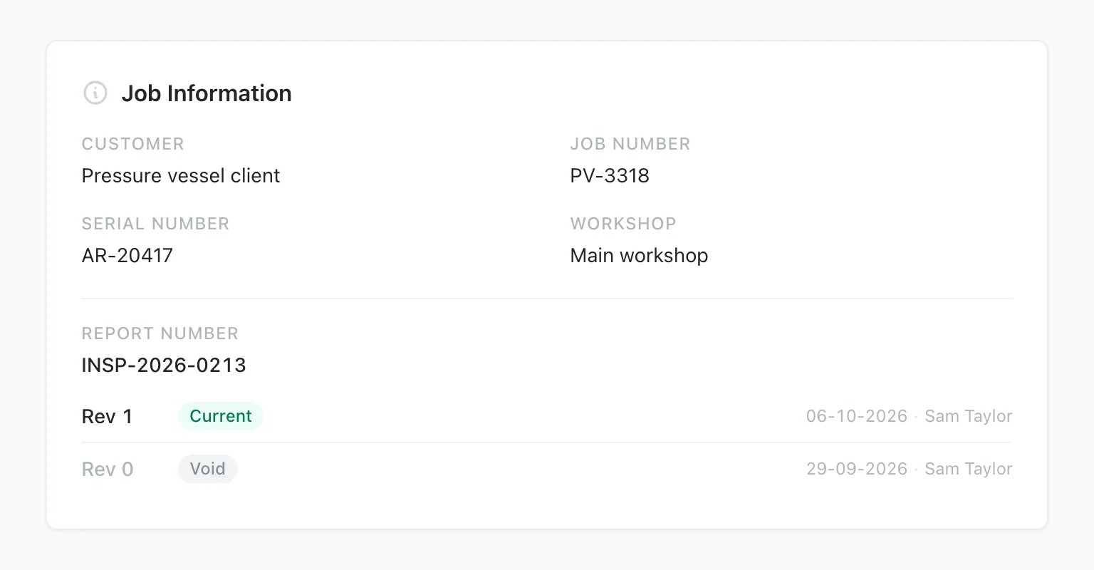 Rev 1 marked Current and Rev 0 marked Void under report number INSP-2026-0213
