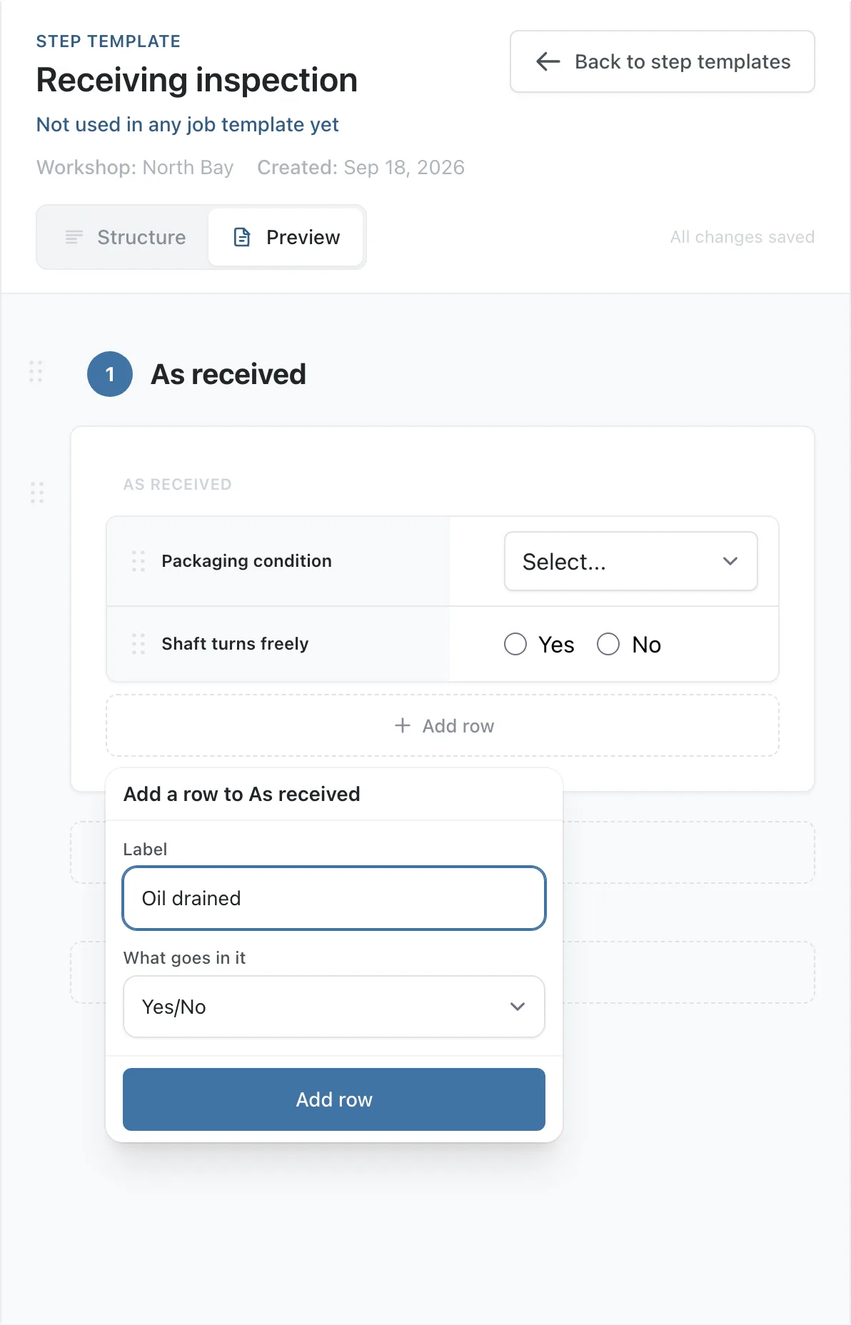 Adding the Oil drained row to the table, as a Yes/No