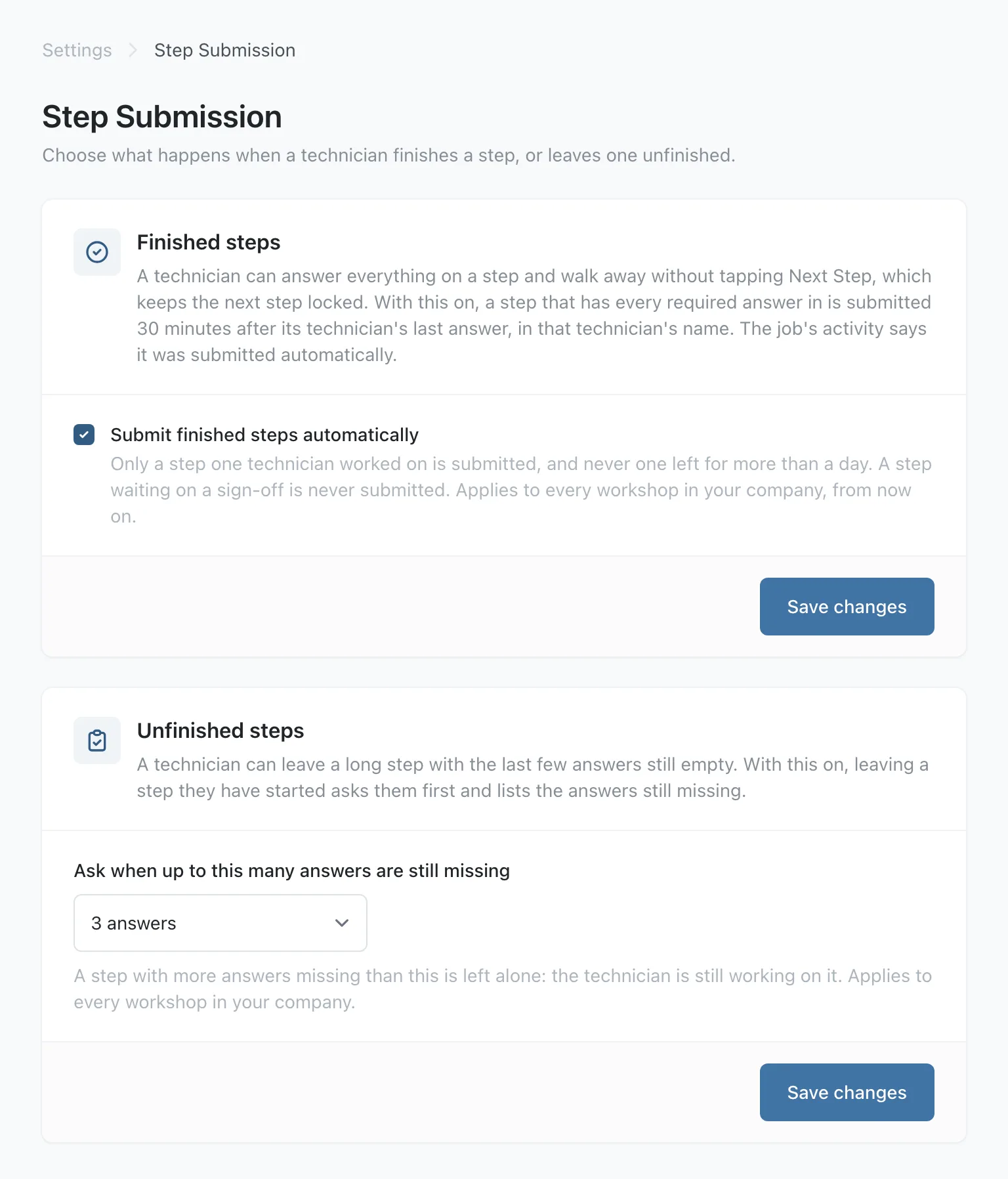 The Step Submission page, with Submit finished steps automatically ticked and the reminder set to 3 answers