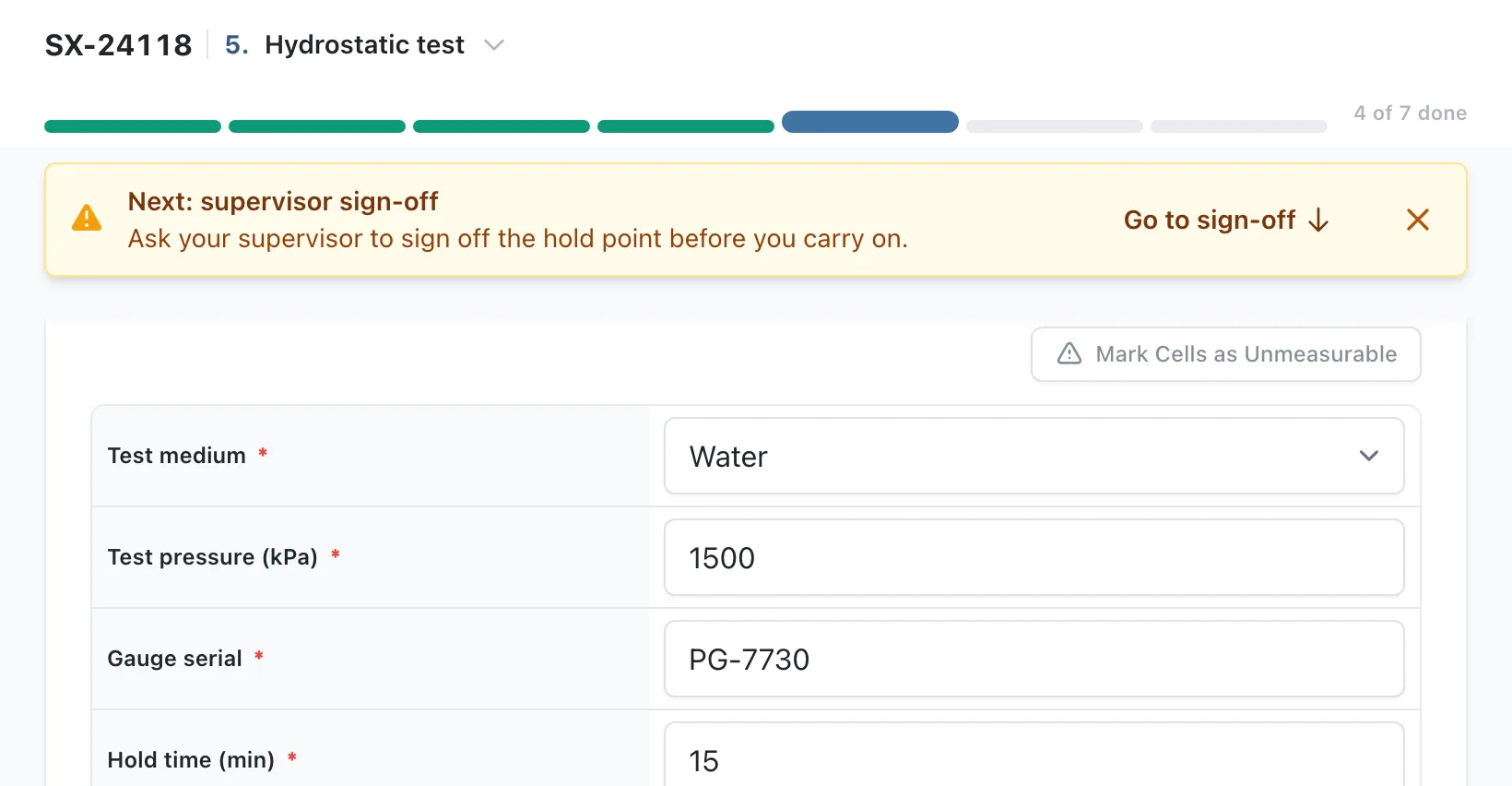 Next: supervisor sign-off under the step bar on Hydrostatic test, with Go to sign-off