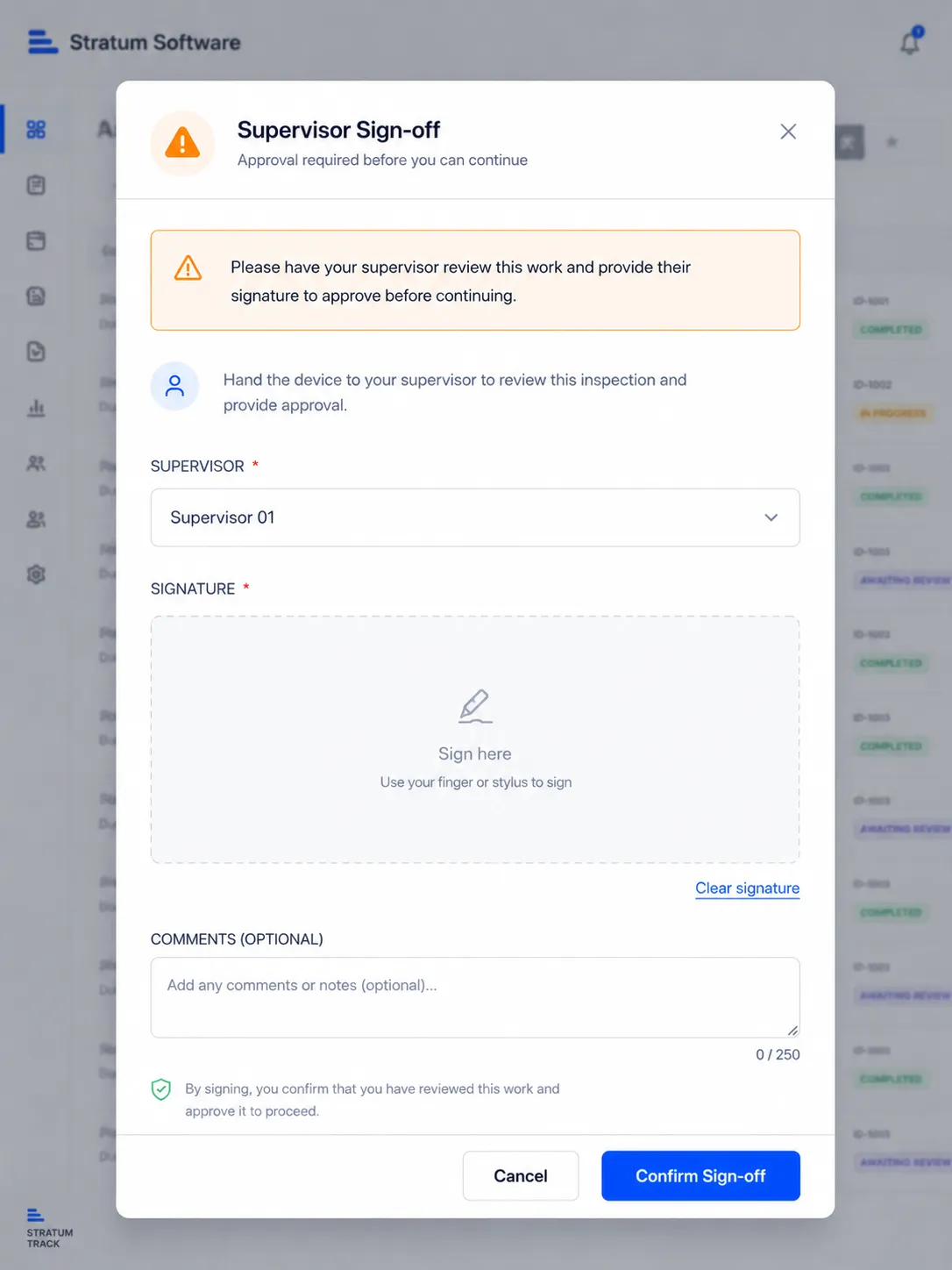 Supervisor sign-off modal with on-screen signature capture