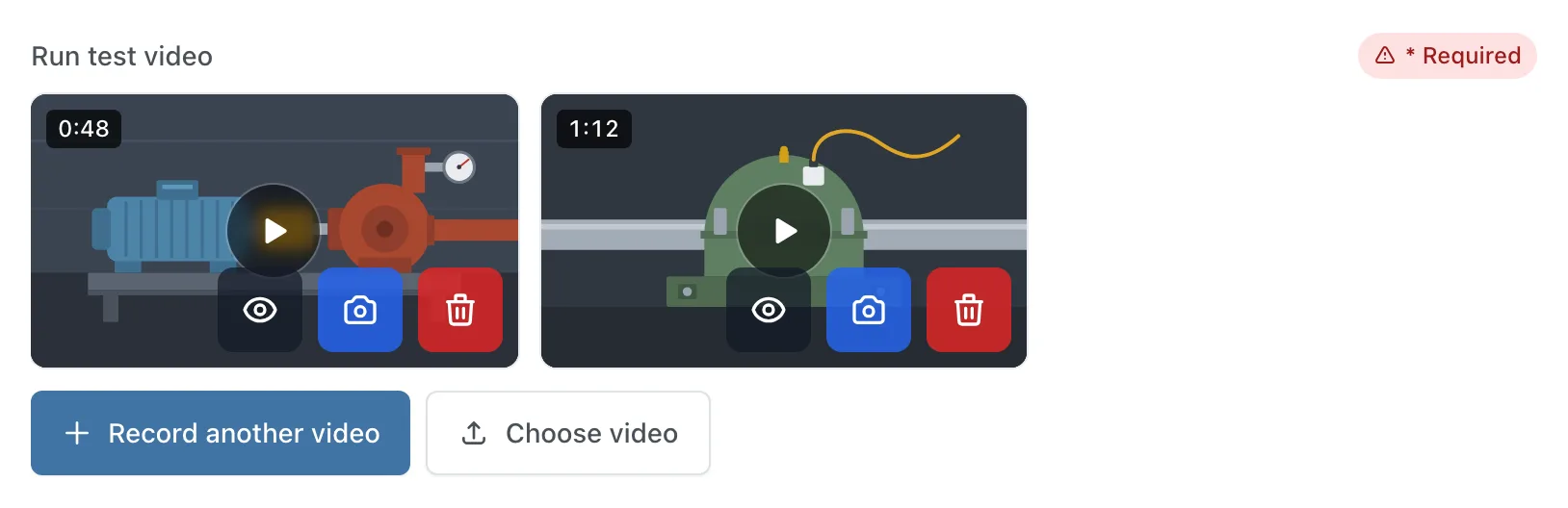Two saved videos on the step, each with its length and its eye, camera and bin buttons