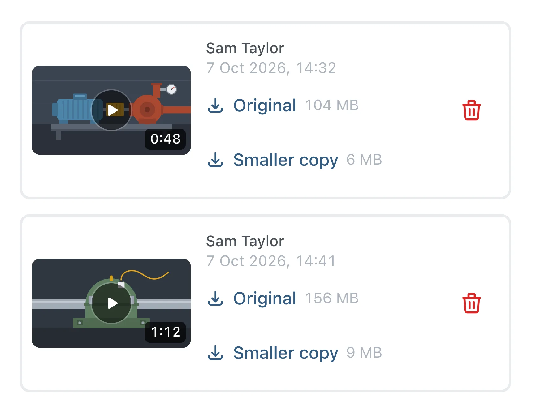 The videos on Manage Photos & Videos, each with who recorded it, when, and links to download the original or the smaller copy