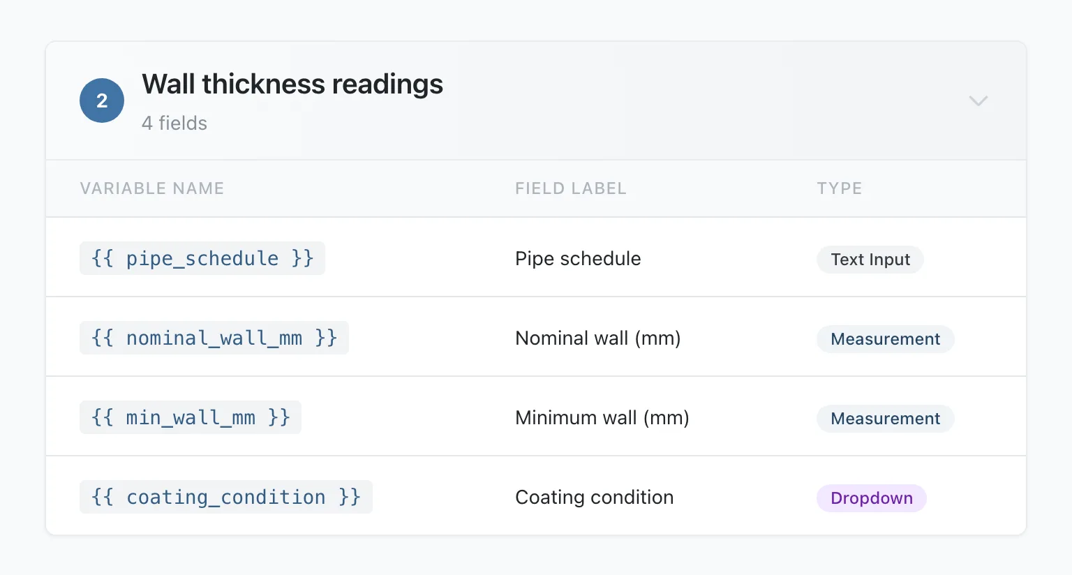 The Field Reference page listing the questions on a wall thickness step
