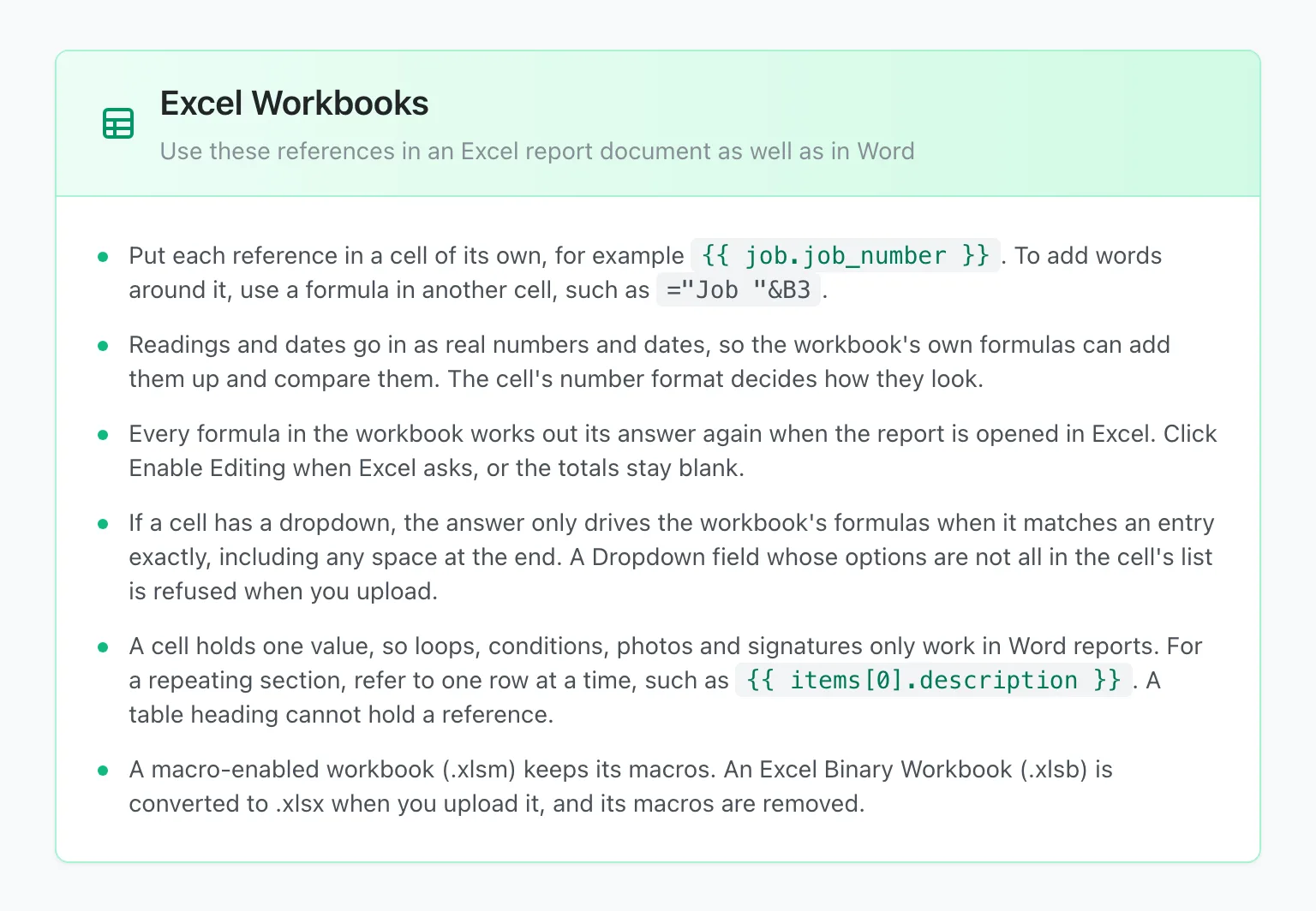 The Excel Workbooks card on the Field Reference page, with the rules for a workbook