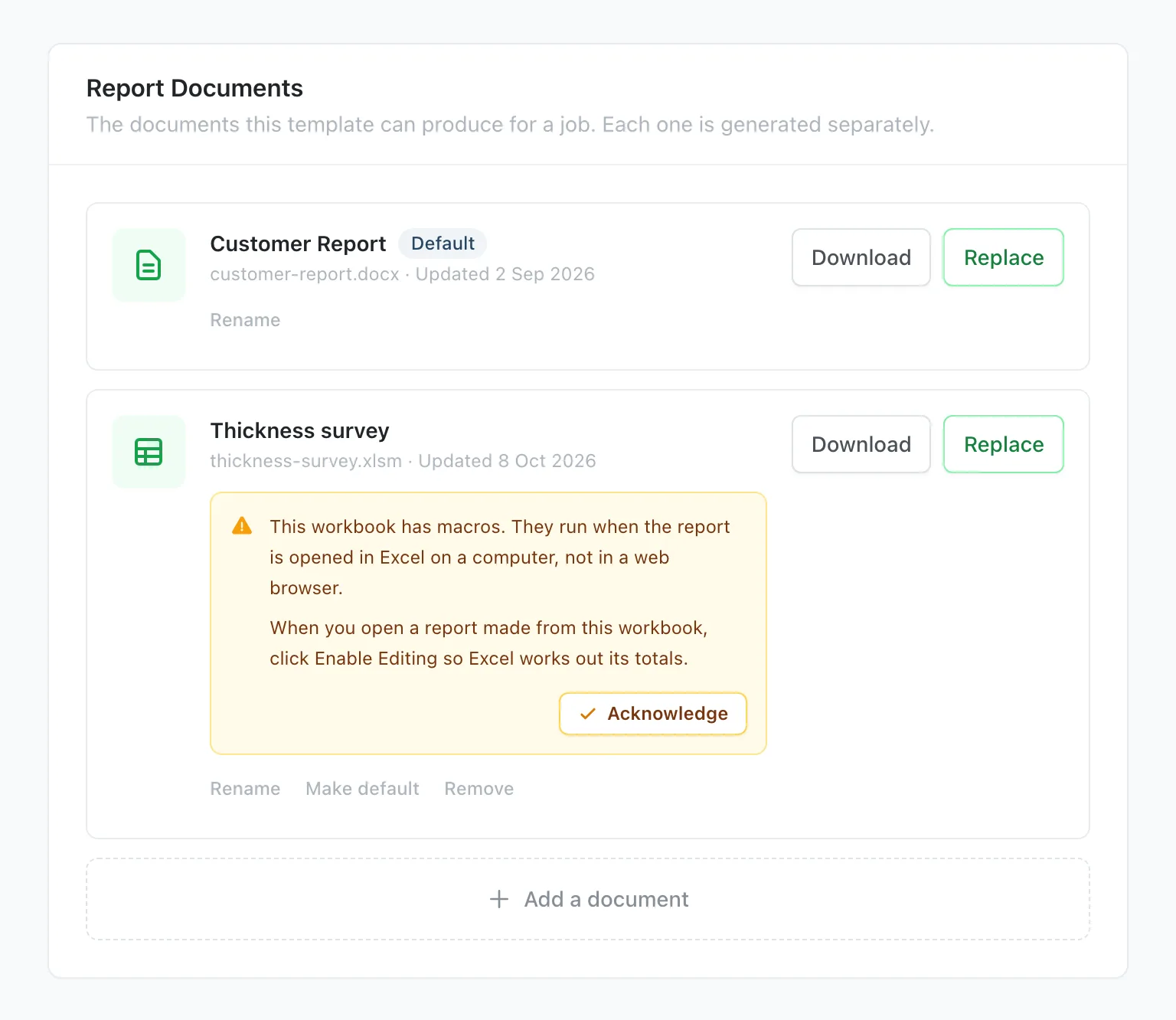 Report Documents: a Word customer report and a Thickness survey workbook with two notices to acknowledge